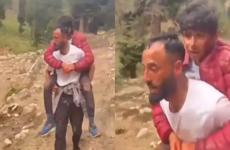 Local saves life of deceased Manjunath's son by risking his life; Video of him carrying him on his back goes viral